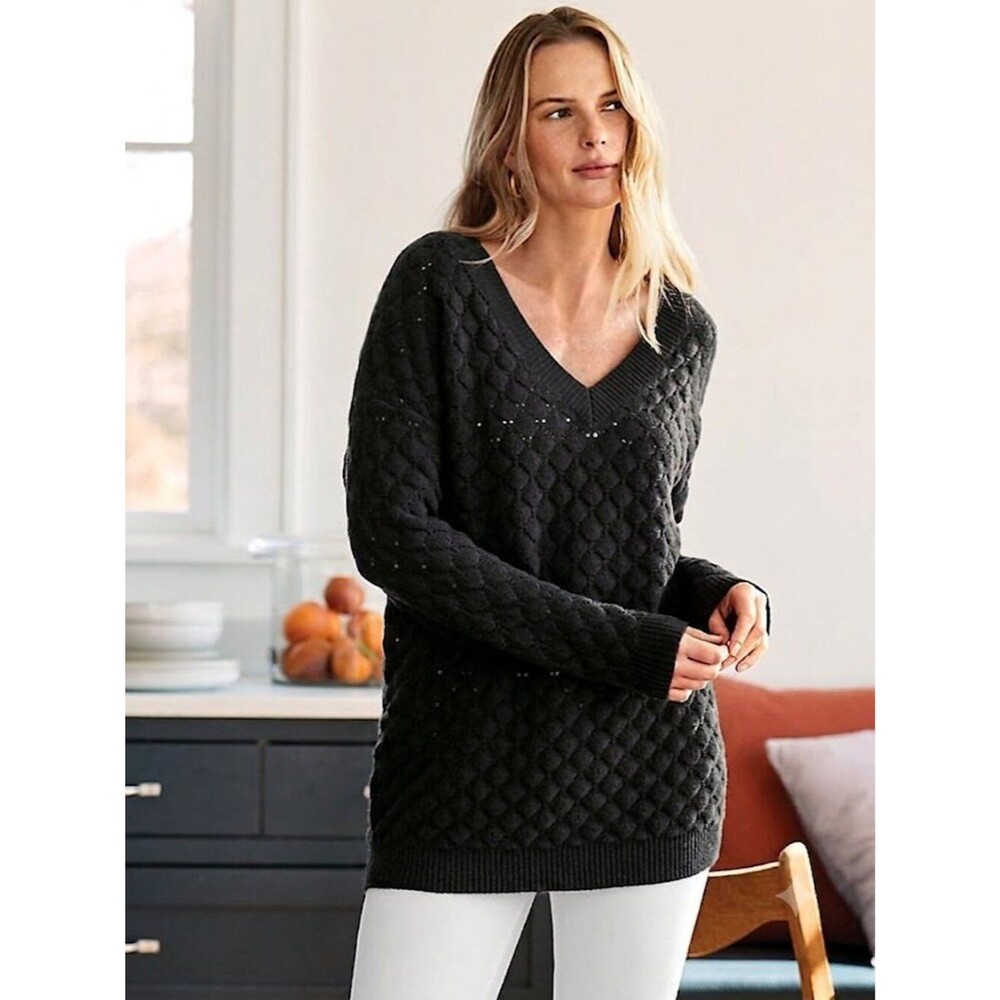 Garnet Hill Black Oversized Cashmere Cocoon Sweater V-Neck Textured Size S